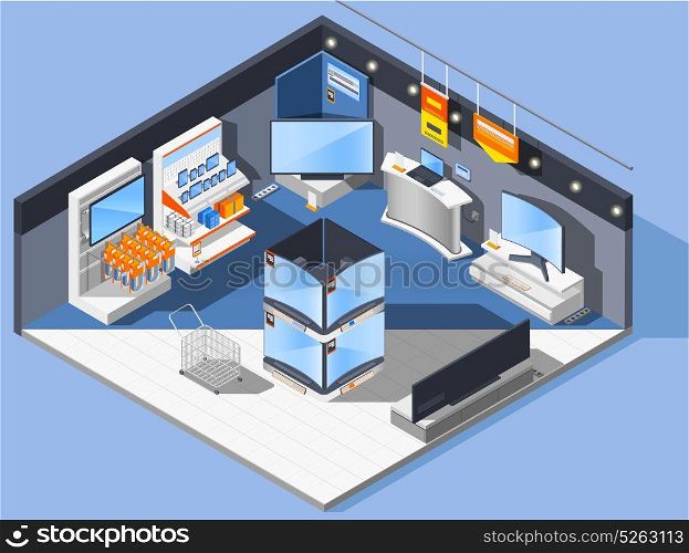 Multimedia Appliance Store Composition. Electronics supermarket isometric composition of domestic appliances store interior with gadgets laptop computers and television sets vector illustration