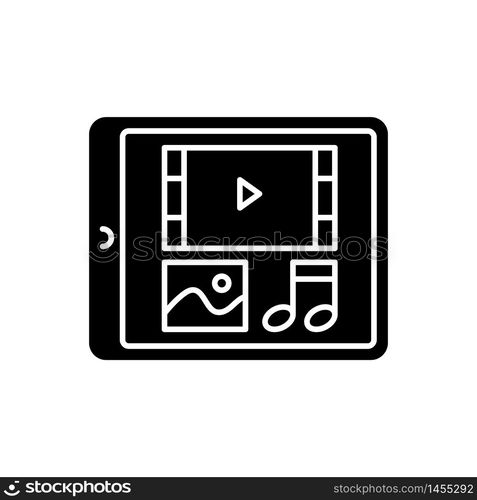 Multimedia black glyph icon. Tablet display with menu navigation. Digital technology. Electrical gadget screen. Photo, video on device. Silhouette symbol on white space. Vector isolated illustration. Multimedia black glyph icon