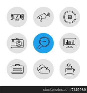 multimedia , camera , user interface , technology , summer , drink , food , board , drinks , tv , bottle , telephone , internet , zoom in , zoom out , icon, vector, design, flat, collection, style, creative, icons