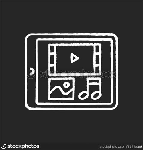 Multimedia chalk white icon on black background. Tablet display with menu navigation. Digital technology. Electrical gadget screen. Photo and video on device. Isolated vector chalkboard illustration. Multimedia chalk white icon on black background