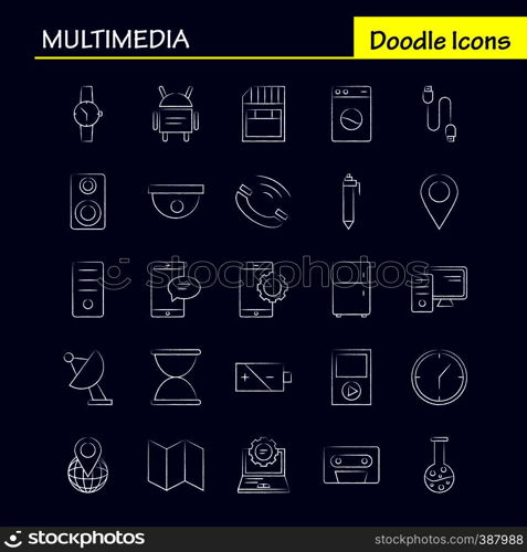 Multimedia Hand Drawn Icon for Web, Print and Mobile UX/UI Kit. Such as: World, Globe, Map, Location, Watch, Hand Watch, Time, Pictogram Pack. - Vector