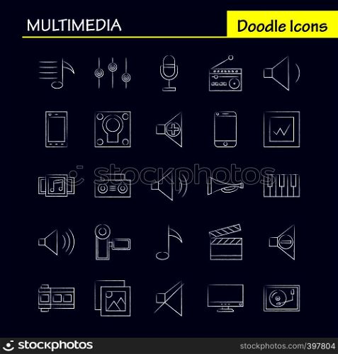 Multimedia Hand Drawn Icon for Web, Print and Mobile UX/UI Kit. Such as: Mobile, Cell, Phone, Hardware, Camera, Video, Image, Movie, Pictogram Pack. - Vector