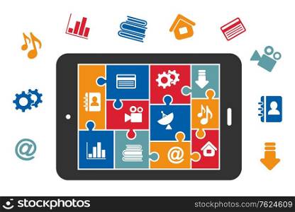 Multimedia icons in puzzle construction on tablet screen for media technology design