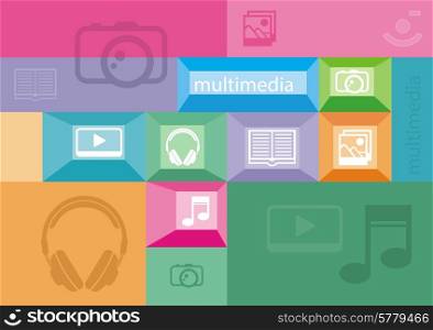 Multimedia icons of user interface elements on colored background
