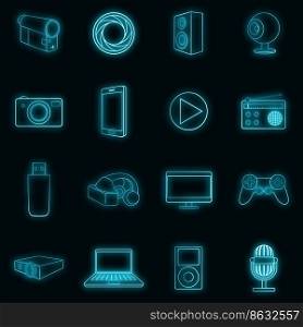 Multimedia icons set in neon style. Video set collection isolated vector illustration. Multimedia icons set vector neon