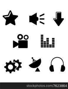 Multimedia icons set with satellite, sound, movie, gears, audio, star and download elements