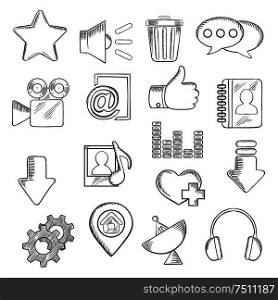 Multimedia icons with chat speech bubbles, mail, load arrows, thumb up, map pin, home page, favorite star and heart, video, contacts playlist, equalizer trash, gears headphones, antenna and speaker. Social media and multimedia icons, sketch style
