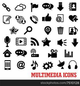 Multimedia icons with smartphone, email, chat bubbles, search, microphone, music, video, home page, map pointer, favorite stars like trash call link download cloud storage wi-fi gears play list speaker equalizer headphones and satellite. Multimedia and web social media icons