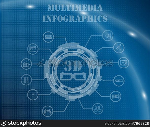 Multimedia Infographic Template From Technological Gear Sign, Lines and Icons. Elegant Design With Transparency on Blue Checkered Background With Light Lines and Flash on It. Vector Illustration.