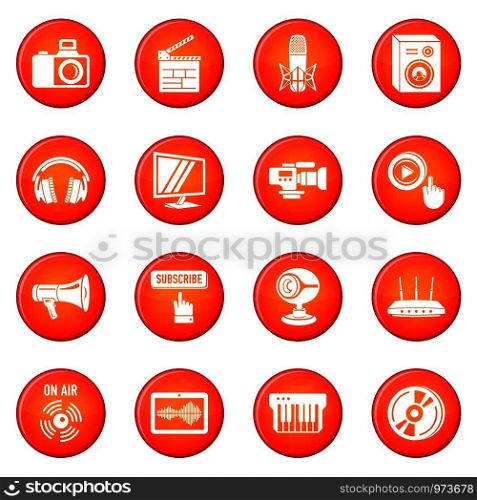 Multimedia internet icons set vector red circle isolated on white background . Multimedia internet icons set red vector