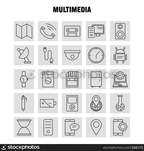 Multimedia Line Icon for Web, Print and Mobile UX/UI Kit. Such as: World, Globe, Map, Location, Watch, Hand Watch, Time, Pictogram Pack. - Vector