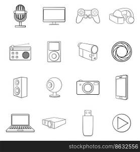 Multimedia set icons in outline style isolated on white background. Multimedia icon set outline