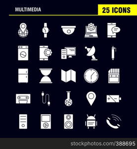 Multimedia Solid Glyph Icon for Web, Print and Mobile UX/UI Kit. Such as: World, Globe, Map, Location, Watch, Hand Watch, Time, Pictogram Pack. - Vector