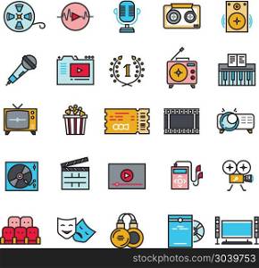 Multimedia sound audio music radio video thin line vector icons with flat elements. Multimedia sound audio music radio video thin line vector icons with flat elements. Media player and cinema, movie and headphone illustration