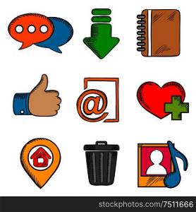 Multimedia web icons set with chat, download, notebook, like, e-mail, home, favorite, media and bin symbols. Multimedia web icons and symbols