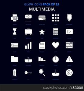 Multimedia White icon over Blue background. 25 Icon Pack