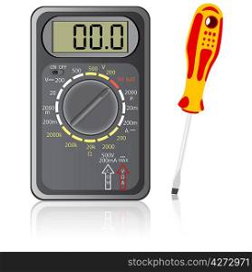Multimeter of black color and screwdriver on a white background