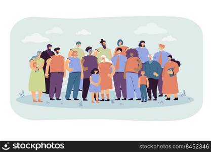 Multinational crowd of people standing together flat vector illustration. Portrait of cartoon diverse young and old men, women and kids. Multicultural society and community concept