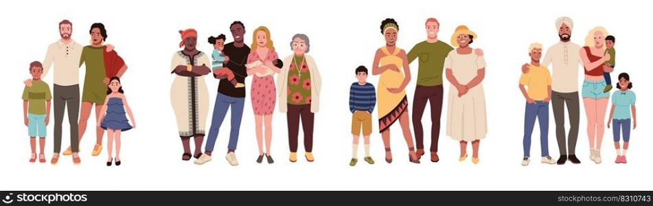 Multinational family. Mixing of ethnic groups, happy people with grandparents and children, national clothing elements relationships and parenthood concept, cartoon flat style isolated tidy vector set. Multinational family. Mixing of ethnic groups, happy people with grandparents and children, national clothing elements relationships and parenthood concept, cartoon flat tidy vector set