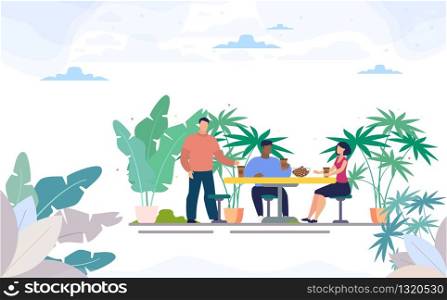 Multinational, Female, Male Office Colleagues on Meal Break, Group of Friends Lunching Together, Drinking Coffee at Table in Street Cafe of Coffee Shop with Outdoor Seats Flat Vector Illustration