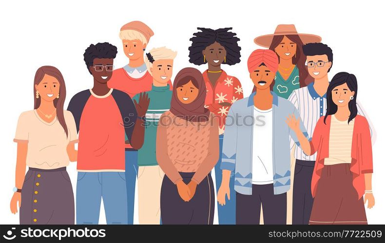Multinational people group smiling, close up. Friendly people wave. Say hello in different languages. Native speakers, friendly men and women cartoon characters. Flat vector image isolated on white. Friendly multi national people greeting. Diverse cultures, international communication concept