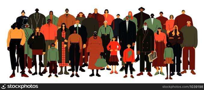 Multinational people stand together. Teenagers, elderly, young and adult men and women group vector illustration. International society, age brackets isolated on white background. Tolerance concept. Multinational people stand together. Teenagers, elderly, young and adult men and women group vector illustration. International society, different age multiethnic groups isolated on white background