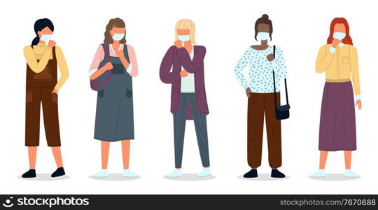 Multinational women wearing face medical masks. Viral pandemia. People in protective masks at white. Vector cartoon characters. Coronavirus 2019-ncov flu. Respiratory protection virus pandemia. Horizontal vector illustration with multinational women wearing face medical masks, viral pandemia