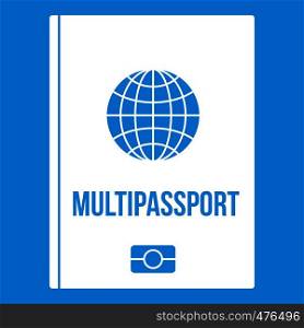 Multipassport icon white isolated on blue background vector illustration. Multipassport icon white