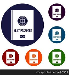 Multipassport icons set in flat circle red, blue and green color for web. Multipassport icons set