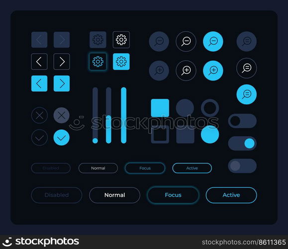 Multiple buttons UI elements kit. Editable isolated vector components. Navigation panel. Web design pack for mobile application, software with dark theme. Montserrat Light, Medium, Bold fonts used. Multiple buttons UI elements kit