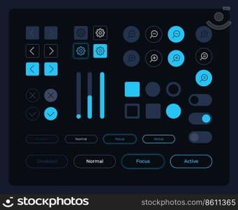 Multiple buttons UI elements kit. Editable isolated vector components. Navigation panel. Web design pack for mobile application, software with dark theme. Montserrat Light, Medium, Bold fonts used. Multiple buttons UI elements kit
