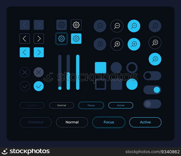 Multiple buttons UI elements kit. Editable isolated vector components. Navigation panel. Web design pack for mobile application, software with dark theme. Montserrat Light, Medium, Bold fonts used. Multiple buttons UI elements kit