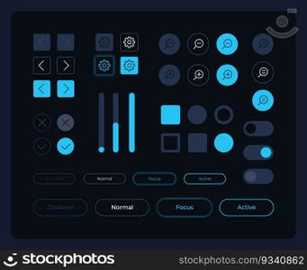 Multiple buttons UI elements kit. Editable isolated vector components. Navigation panel. Web design pack for mobile application, software with dark theme. Montserrat Light, Medium, Bold fonts used. Multiple buttons UI elements kit