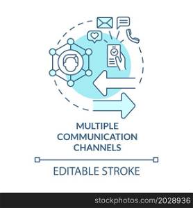 Multiple communication channels blue concept icon. Multi-channels services. People connecting network abstract idea thin line illustration. Vector isolated outline color drawing. Editable stroke. Multiple communication channels blue concept icon