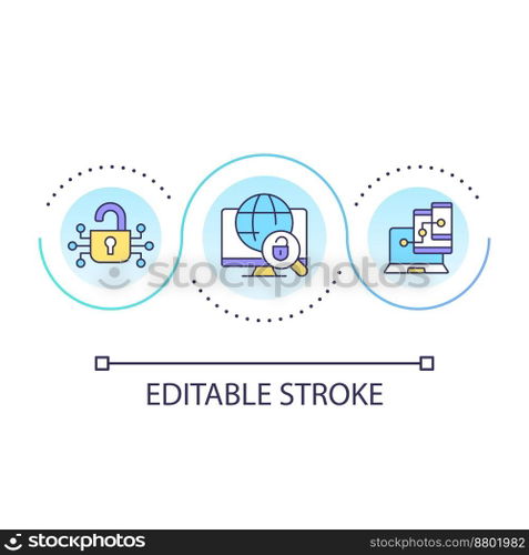 Multiple devices usage and security loop concept icon. Protecting computer from cyber threats abstract idea thin line illustration. Isolated outline drawing. Editable stroke. Arial font used. Multiple devices usage and security loop concept icon