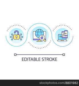 Multiple devices usage and security loop concept icon. Protecting computer from cyber threats abstract idea thin line illustration. Isolated outline drawing. Editable stroke. Arial font used. Multiple devices usage and security loop concept icon