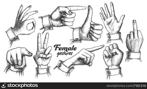 Multiple Female Caucasian Hand Gesture Set Vector. Collection Of Different Arm Gesture. Ok And Peace, Palm And Fist, Show Direction And Showing Signal. Hand Drawn In Retro Style Illustrations. Multiple Female Caucasian Hand Gesture Set Vector