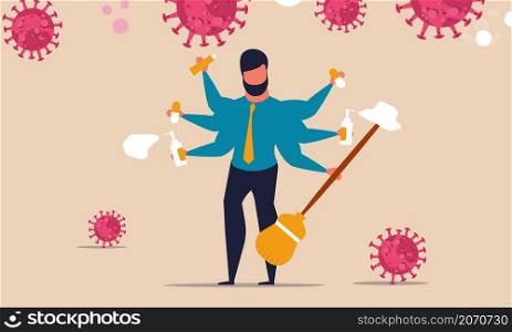 Multiple hands the man are cleaning and washing the virus. Protecting people from coronavirus at home. Health care vector illustration concept. Kill the infection with medication and house cleaning.