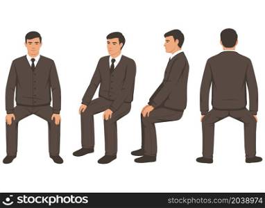 Multiple images of a isolated carton businessman sitting, front side and back view of business person in suit
