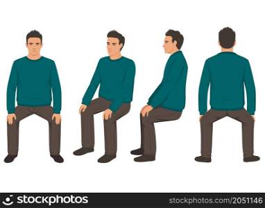 Multiple images of a isolated carton man sitting, front side and back view of person. isolated carton man sitting, front side and back view