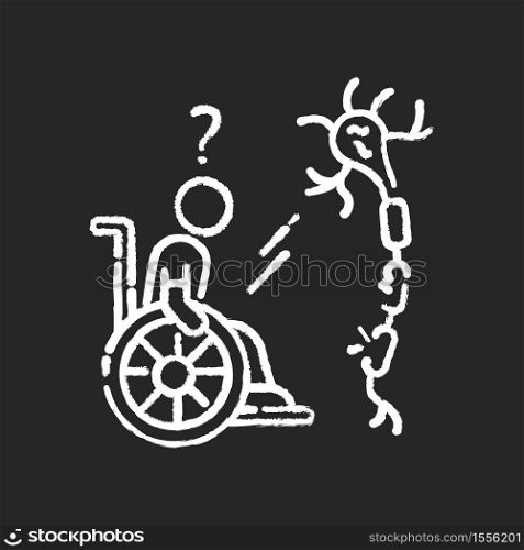 Multiple sclerosis chalk white icon on black background. Handicapped man in wheelchair. Neurology problem. Trauma treatment. Patient with spine injury. Isolated vector chalkboard illustration. Multiple sclerosis chalk white icon on black background
