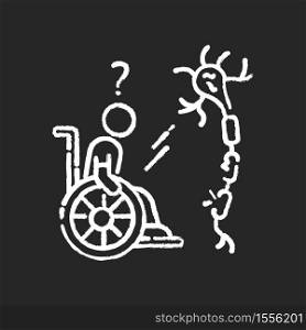 Multiple sclerosis chalk white icon on black background. Handicapped man in wheelchair. Neurology problem. Trauma treatment. Patient with spine injury. Isolated vector chalkboard illustration. Multiple sclerosis chalk white icon on black background