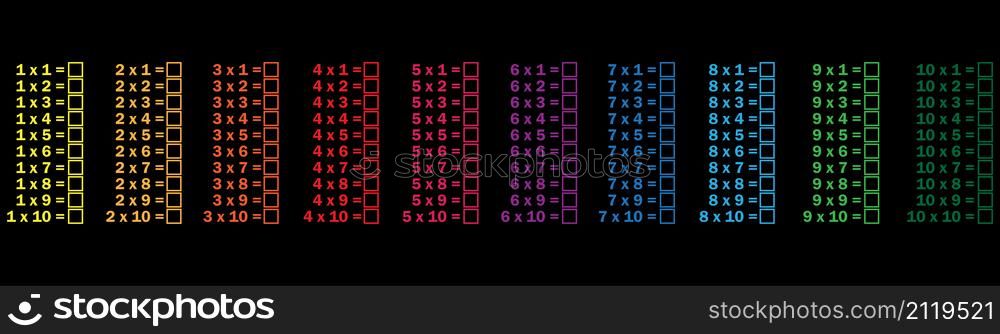 Multiplication table. Colored sign. Education concept. Study process. Black background. Vector illustration. Stock image. EPS 10.. Multiplication table. Colored sign. Education concept. Study process. Black background. Vector illustration. Stock image.