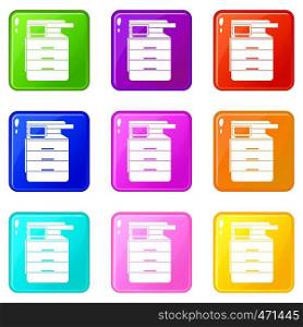 Multipurpose device, fax, copier and scanner icons of 9 color set isolated vector illustration. Multipurpose device, fax, copier and scanner icons