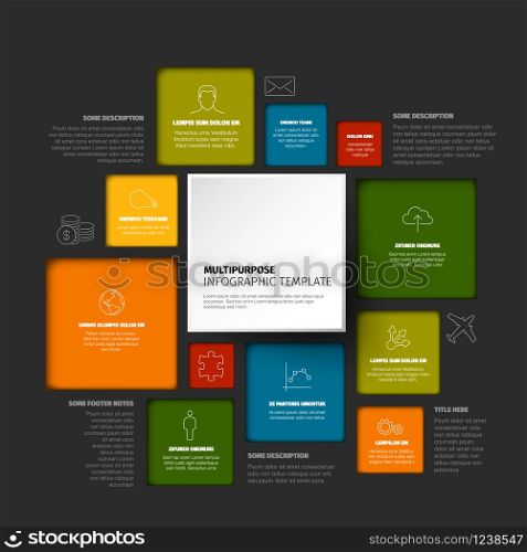 Multipurpose infographic template with various content square blocks - dark version