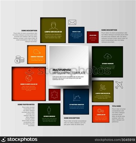 Multipurpose infographic template with various content square blocks. Vector Minimalist colorful Infographic template
