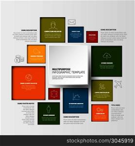 Multipurpose infographic template with various content square blocks. Vector Minimalist colorful Infographic template