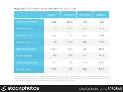 Multipurpose table layout template with nice minimalistic design - blue version with rounded corners. Simple stylized data table layout template