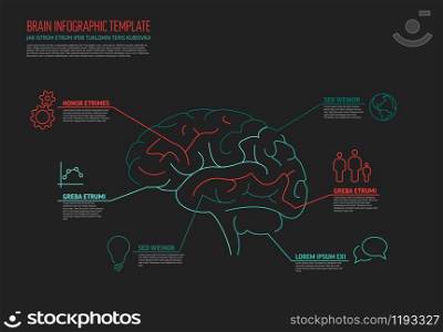 Multipurpose thin line infographic template with human brain and several elements - dark version
