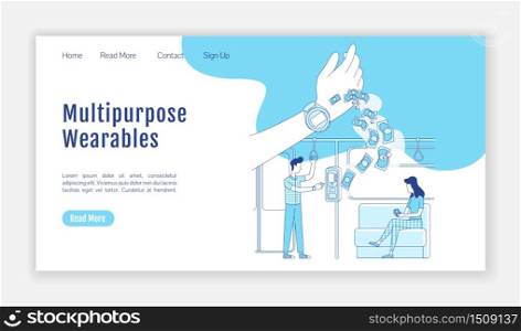 Multipurpose wearable landing page flat silhouette vector template. Smart watch homepage layout. NFC pay one page website interface with cartoon outline character. Cashless system web banner, webpage